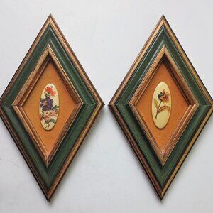 VTG E.A. RIBA CO. BROOKLYN NY Set of 2 Framed Enamel Floral Décor Diamond Shape